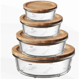 4 Boites de conservation en verre forme Rond avec couverture bambou - 1200- 900-700-400 ml