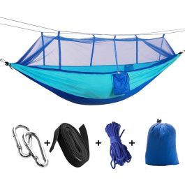 Hamac de camping multifonction pliable - Avec moustiquaire - Bleu - 260 × 140 cm