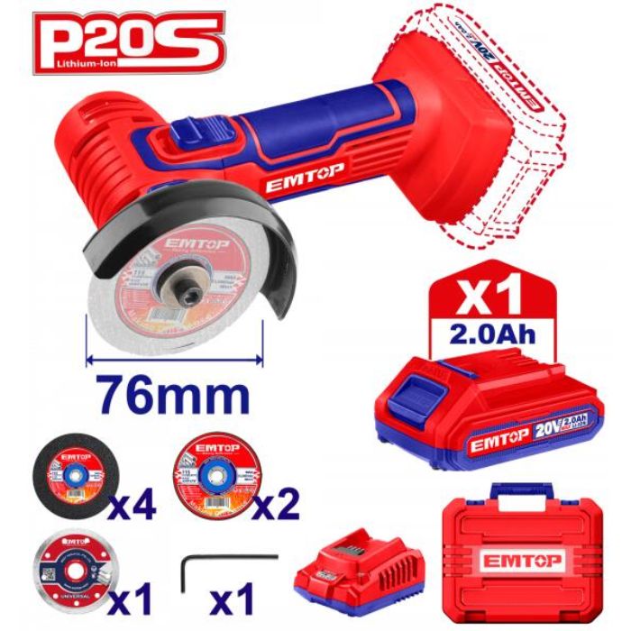 Meuleuse EMTOP - ELAG76017 - 20 V - 2 x 2Ah