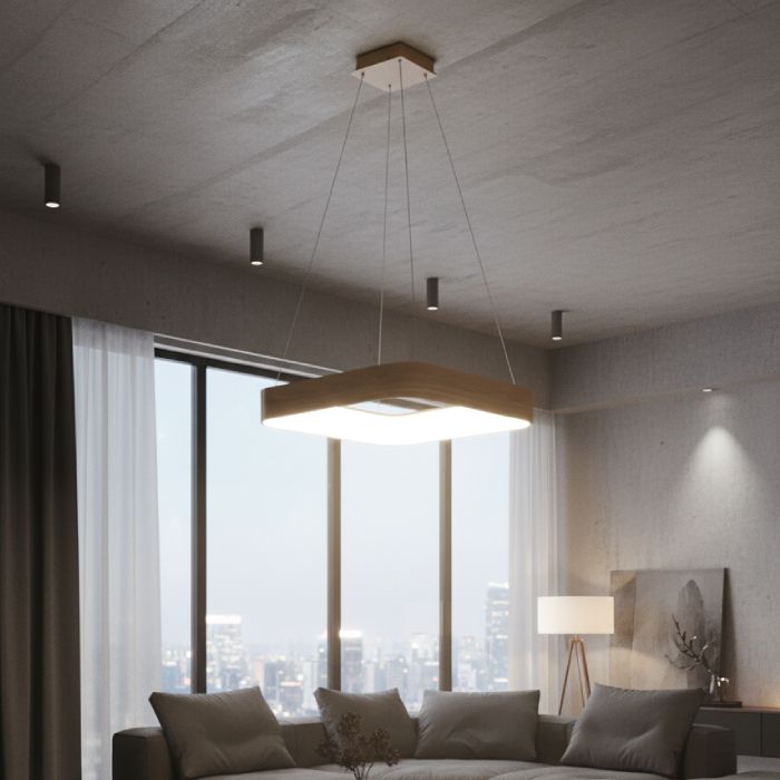 Suspension LED Carrée - Bois - 53×53×12 cm