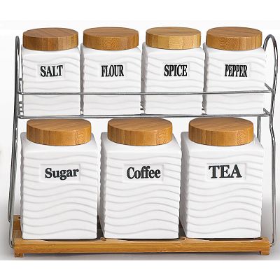 Ensemble de 7 pots de rangement en céramique pour sucre, thé, café et couvercle en bois