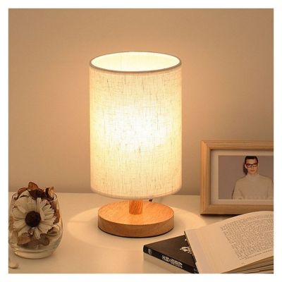 Pack 2 Lampes de chevet - Veilleuses - Bois et Tissus - Cylindrique - Blanc