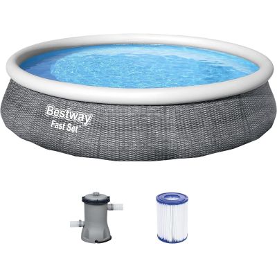 Piscine Fast Set motif rotin gris ronde D 366 x 76 cm + pompe