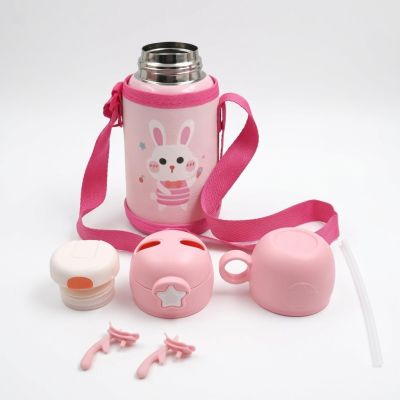 Gourde Isotherme Enfant 500 ml - Acier Inoxydable SUS 316 avec Gobelet et Sangle - Lapin Rose