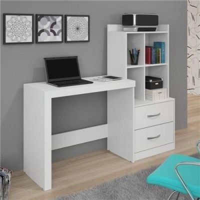 Bureau avec bibliothèque 2 tiroirs 4 niches en bois mdf (particule) - H:126 L:141 P:43 cm Blanc
