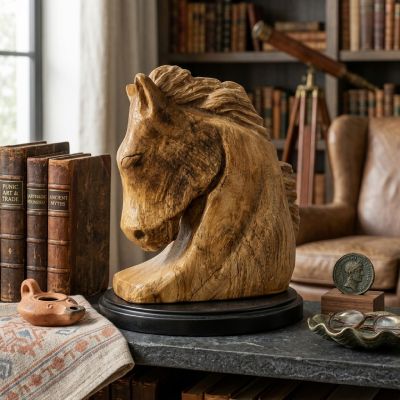 Bustier cheval sculpté - Bois chêne - Socle noir