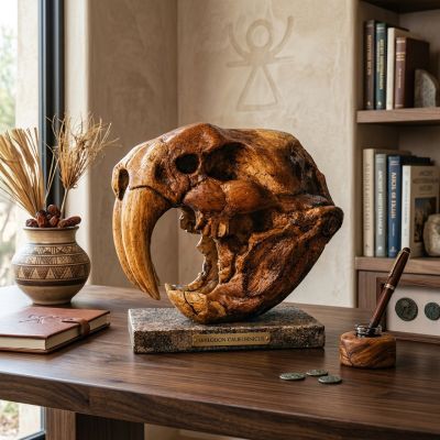 Crâne Smilodon sculpté - Bois & résine - Artisanat