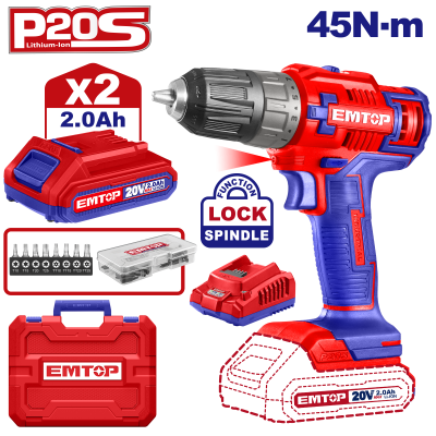 Perceuse viss 20v 45nm 2bat+55ac emtop  ECDL200528