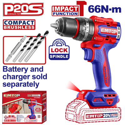 Perceuse a perc brush 20v 66nm emtop ecidl206681  