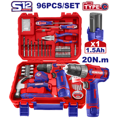Valise d'outils+visseuce 12v 96p emtop  EEDK09601