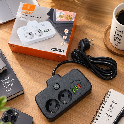 Rallonge Electrique Portable De 2 Mètres Avec 2 Prises + 3 Ports USB + 1 Prise USB-C