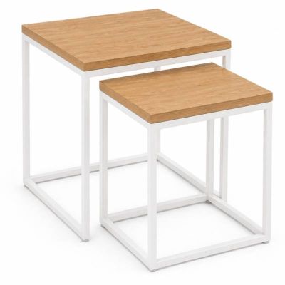 2 tables gigognes Tables gigognes CUBIC - Piètement métallique blanc- Plateaux effet bois