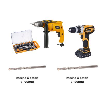 Pack n°2 - Perceuse à Percussion 13 mm 600W + Kit Embouts 23pcs - mèche à béton 6-100mm & 8-120mm + Perceuse sans fil 12 V - HOTECHE