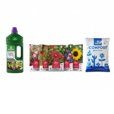 Pack Fleur 3 Fertivert - Engrais liquide 1 L + Semences + Compost 10 L 