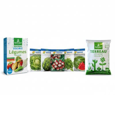 Pack potager Fertivert - engrais 750 g + semences + terreau 20 L