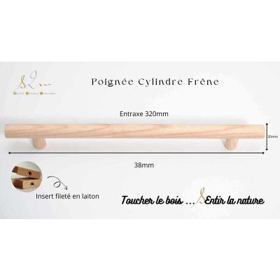 Poignée cuisine dressing modèle cylindre en bois frêne - S2M-320 cm