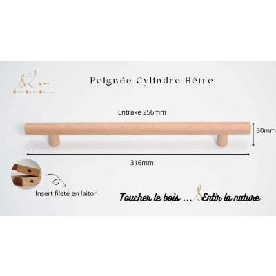 Poignée cuisine dressing modèle cylindre en bois hêtre - S2M-256 cm
