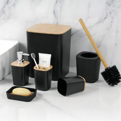 Set d’Accessoires de Salle de Bain - Bamboo – 6 Pièces - Noir