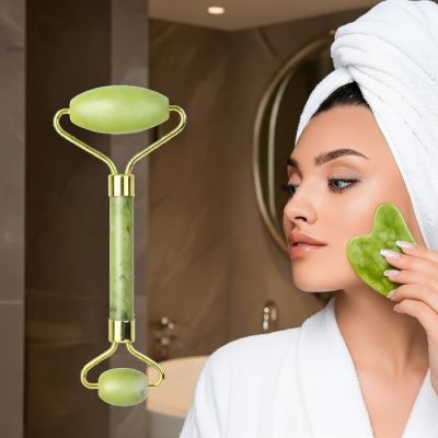 Rouleau massage visage + planche Guasha - vert 