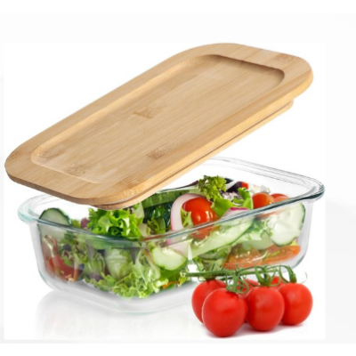 3 Boites de consommation en verre forme rectangle avec couverture bambou - 1040- 680-410 ml