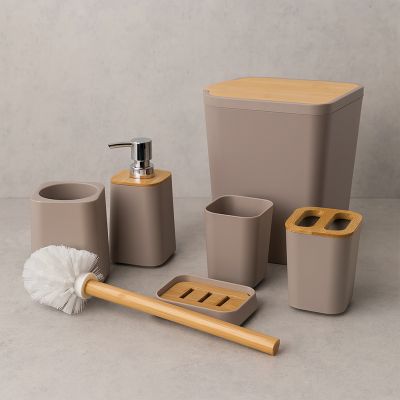 Set d’Accessoires de Salle de Bain - Bamboo – 6 Pièces - Grège
