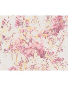 Papier peint floral, blanc, jaune, violet - Rouleau de 53 cm x 10.05 m - Casadeco