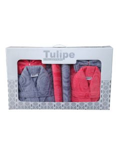 2 Caps De Bain + 2 serviettes + 2 gants Elle&Lui - Gris&Rose - Tulipe