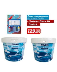 2 Seaux chlore multifonctions Poolstar - Galets 200g 5Kg + Testeur 3 chambres réactifs liquide