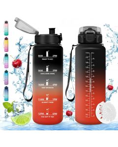 Thermos - Bouteille d'Eau avec Marqueur de Temps et Filtre - 900ml - Rouge Noir