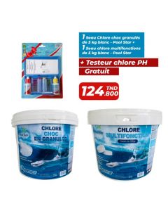 Deux seaux Chlore multifonctions &  granulés Poolstar - Galets 200g 5Kg + Testeur 3 chambres réactifs liquide gratuit