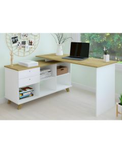 Bureau d'angle Blanc et bois avec 2 tiroirs mdf (particule) L145 x H75 x P128 cm