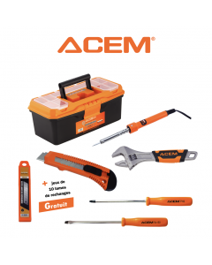 Pack 6 outils à main - Boite à outil & Fer à souder & Couteau & Tournevis pour vis à fente & Philips & Clé à molette - ACEM