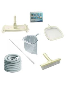 Kit outils de nettoyage piscine Tête balai + Brosse + manche + épuisette de fond et  de surface + Tuyau + Trousse d'analyse - EMAUX