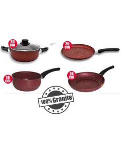 Poêle 24cm & Casserole 18cm & Crêpière 25cm & Faitout 20cm - Granite - Rouge - EL Gusto - Cook'Art