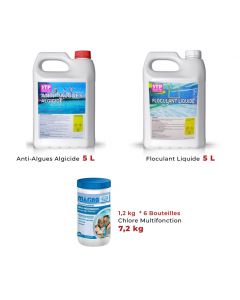 Pack nettoyage piscine floculant liquide 5L + algicide anti algue 5L STP + 6 boites chlore multi-actions 1.2kg MARINA