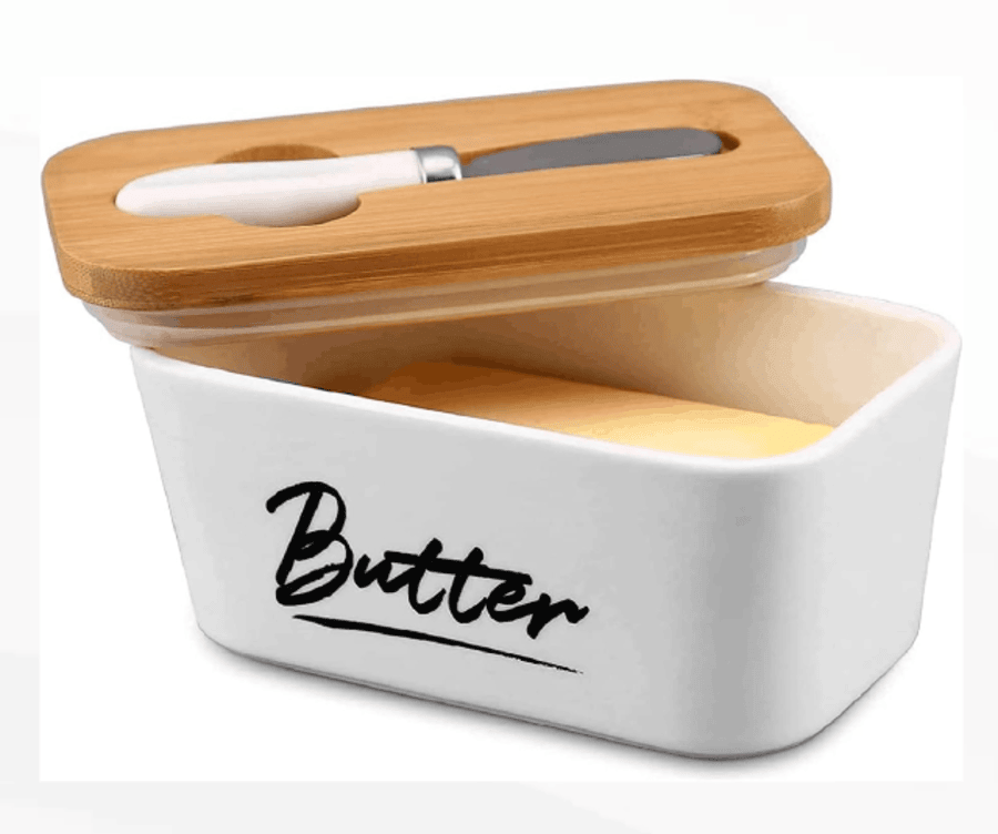 Beurrier En Céramique 500ml Avec Couvercle Bambou Et Couteau - Rangement Élégant